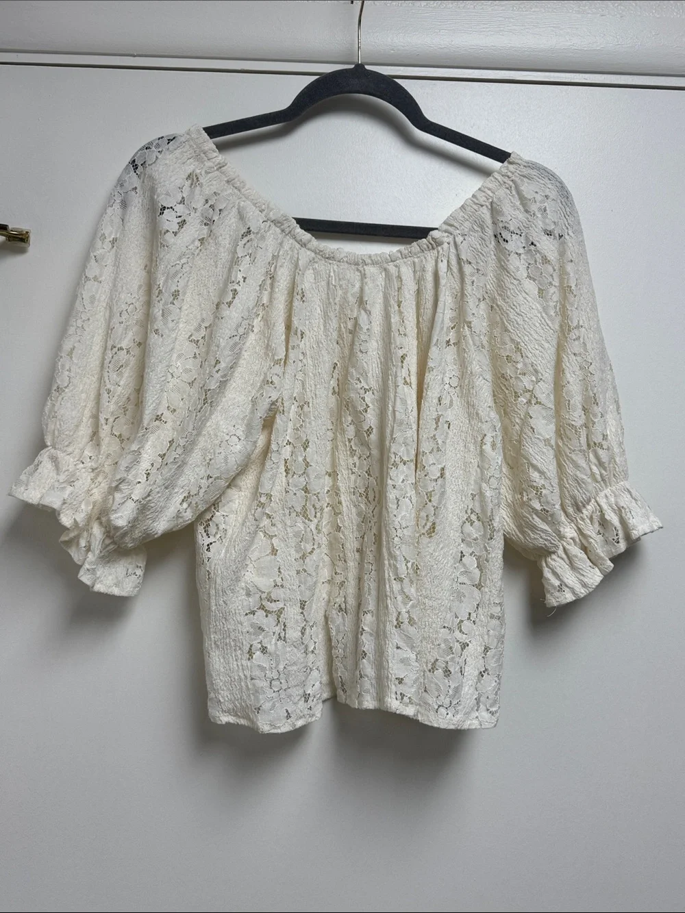 Free People Sheer Lace Peasant Boho Puff Sleeve Cropped Scoop Neck Blouse Size L